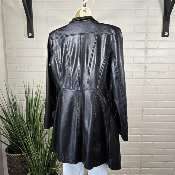 Kafulandi Black Leather Long Blazer Trench Jacket Size Medium - Picture 7 of 13